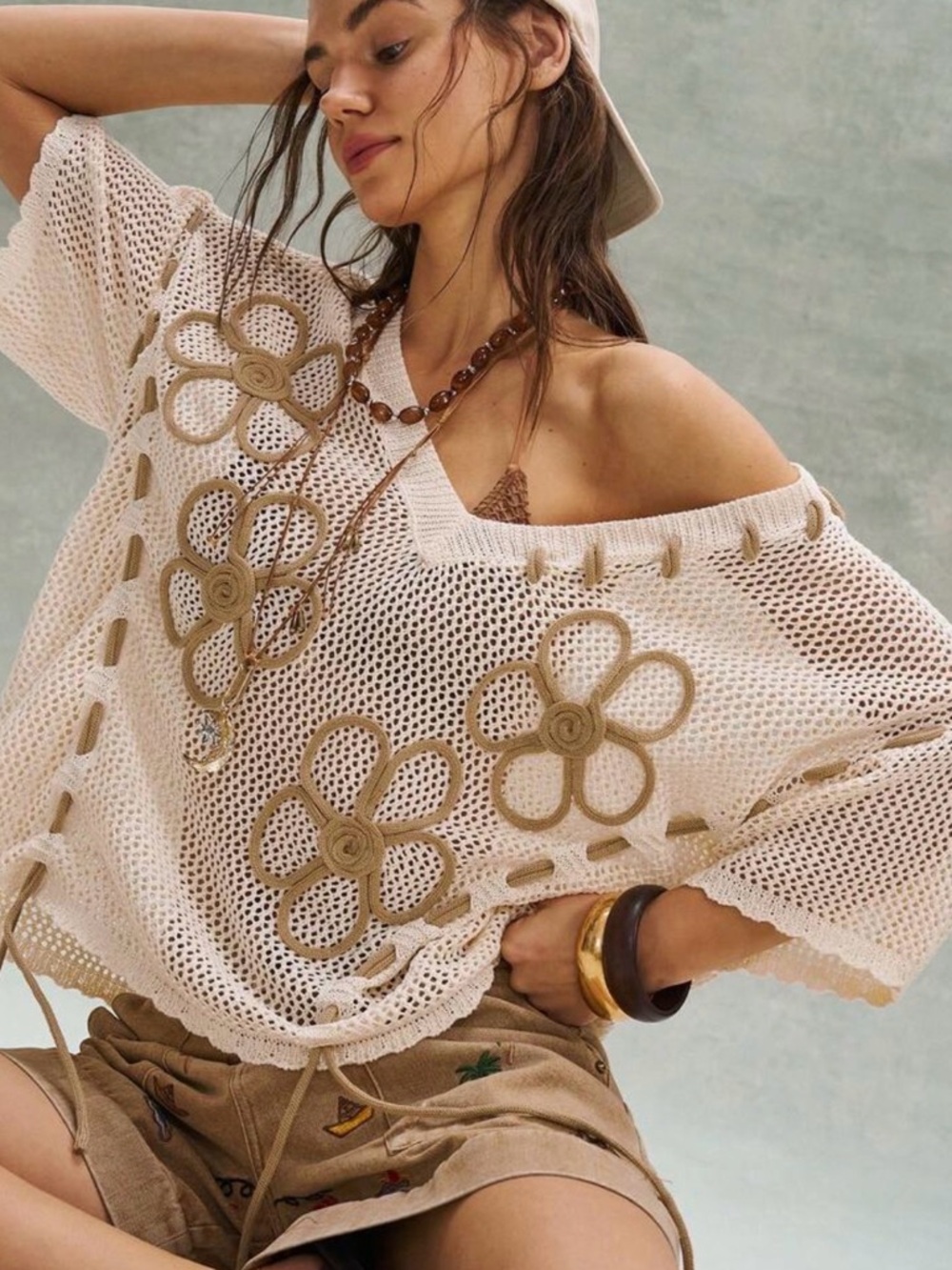 Women’s Cream Crochet Swim Cover-Up Top